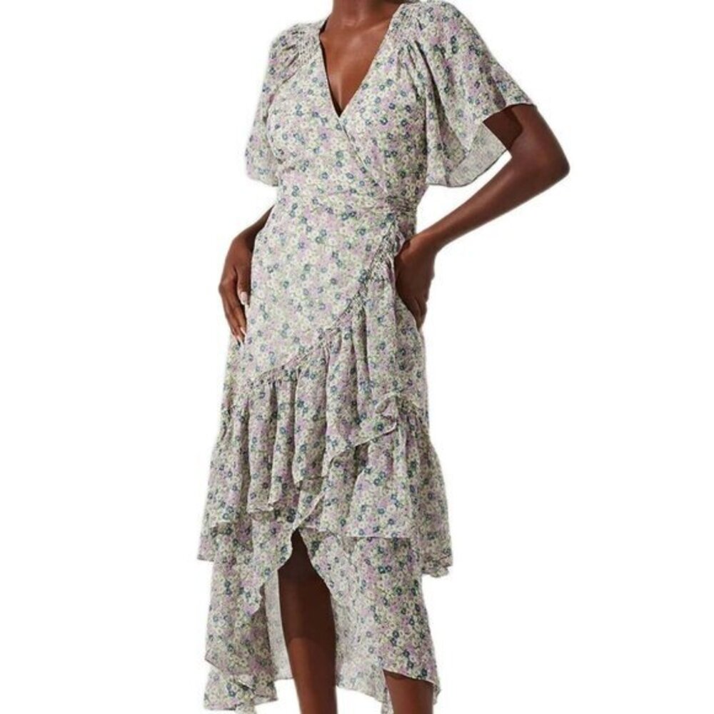 NWT Astr The Label Women's Green & Purple Floral Adella Wrap Dress Size Medium